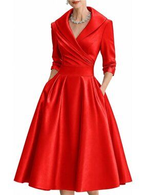 Women's Red Wrap Long Sleeve V-Neck Silky Casual Elegant Midi Church Dress